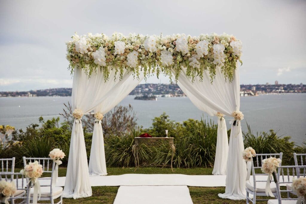 Outdoor wedding ceremony arbour at Gunners Barracks in Mosman, Sydney