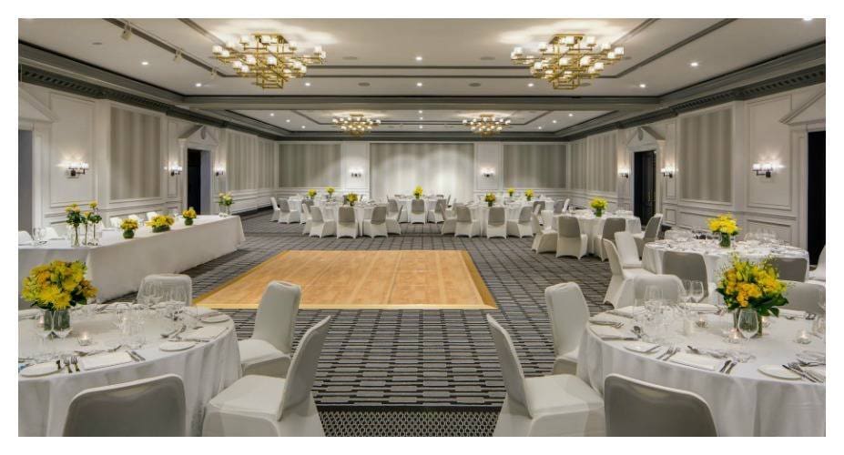 The intercontinental wedding venue in Double Bay showcasing a spacious room with round tables and yellow table florals
